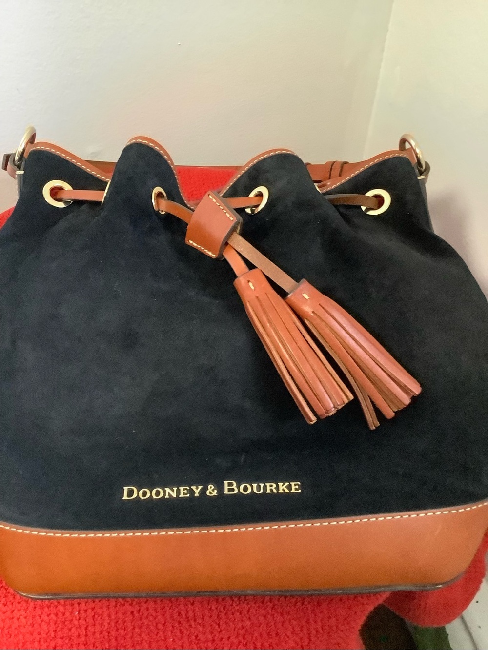 Dooney & Bourke Black Suede with Brown Leather Trim Drawstring Shoulder Bag